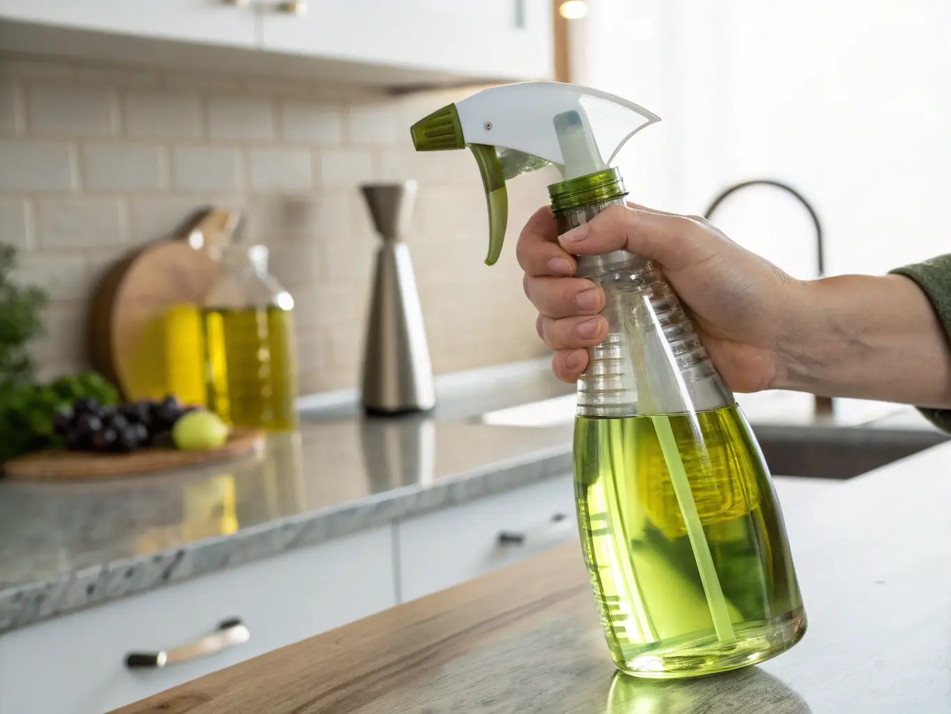 A close-up shot of a person's hand gently pouring a clear, plant-based cleaning solution into a spray bottle, with lush green plants in the background, symbolizing the natural and eco-friendly aspect of the product.