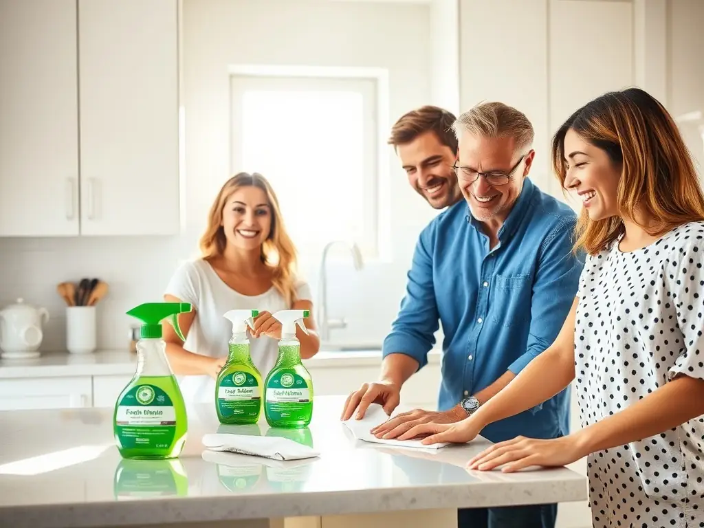 A bright and airy home interior, showcasing a clean kitchen counter with a bottle of KRAFT-KLAR biodegradable cleaner and a smiling family in the background, emphasizing the health benefits of using eco-friendly products.