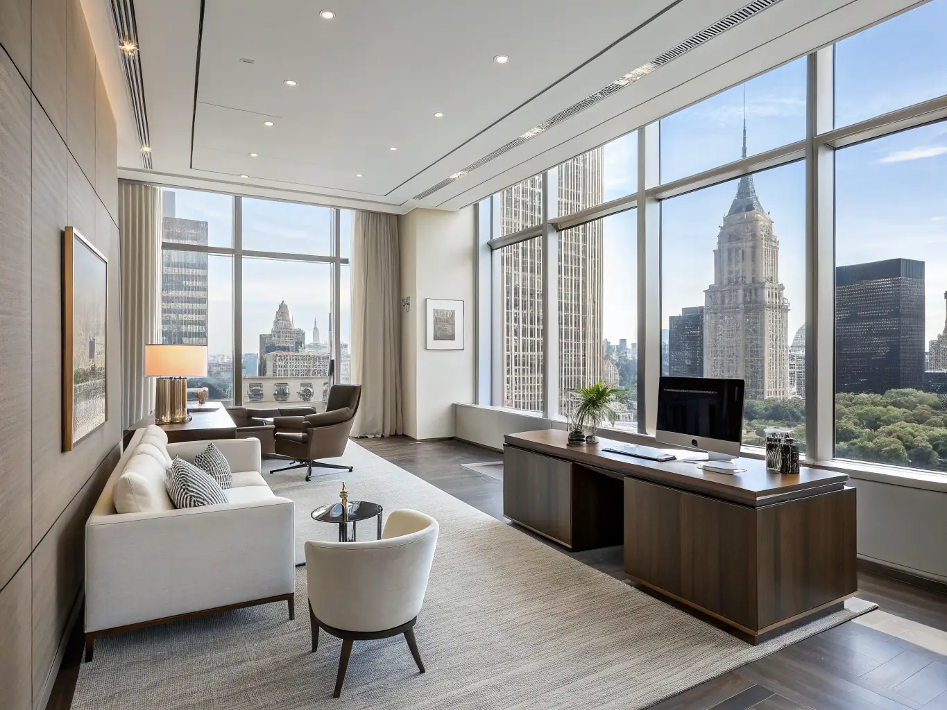 A clean and organized office space with desks neatly arranged and computers sparkling, reflecting KRAFT-KLAR's office cleaning service. The atmosphere is professional and productive.