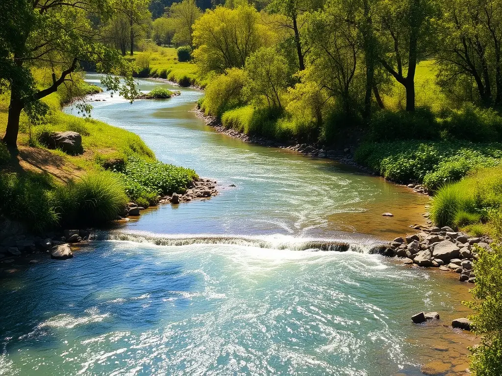 A picturesque scene of a clear stream flowing through a vibrant green forest, illustrating the positive environmental impact of using biodegradable cleaning products and reducing pollution.