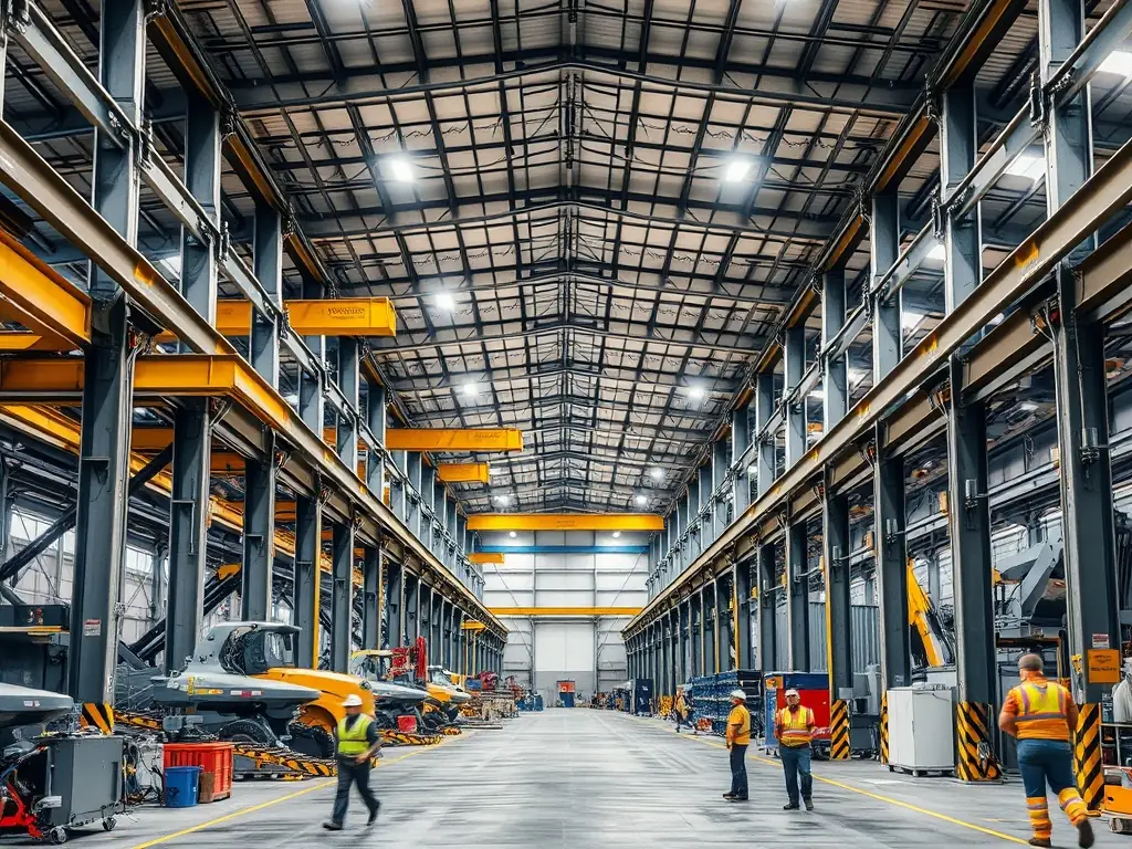 A large, well-maintained industrial warehouse with clean floors and equipment, demonstrating KRAFT-KLAR's industrial cleaning capabilities. The space is organized and safe.