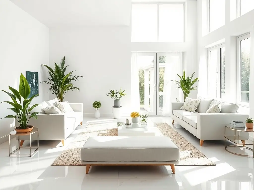A brightly lit, modern living room with a sparkling clean floor, showcasing the results of KRAFT-KLAR's residential cleaning service. The room is tidy and inviting, with sunlight streaming through the windows.